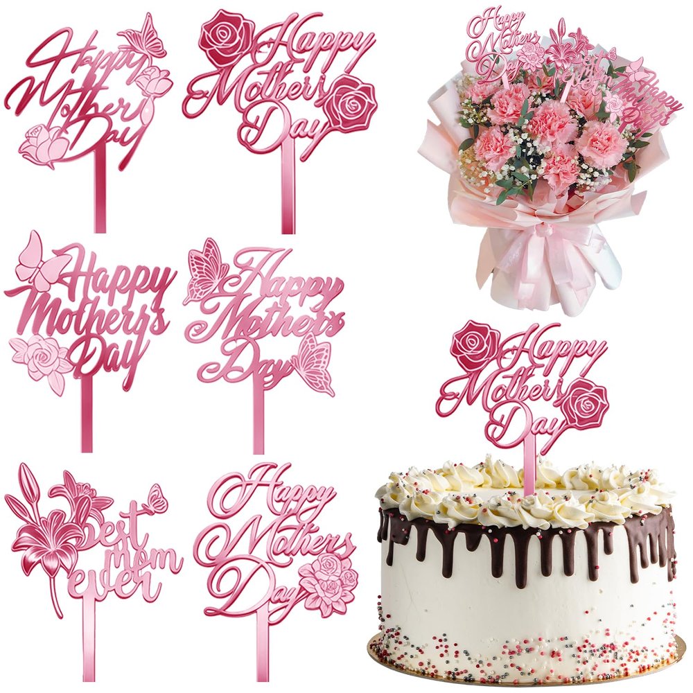 12 PCS Happy Mother's Day Cake Toppers, Mirror Acrylic Design Cupcake Picks With Butterfly Rose Lily for Birthday Party Supplies Cupcake Bouquet & Cake Decorations (Rose Gold)