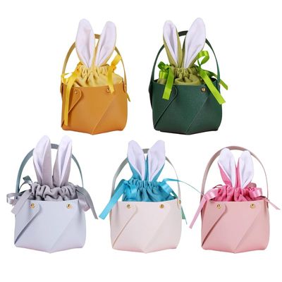 RSGMU 6 Pcs Small Easter Baskets Bulk Buckets Treat Bags Rabbit Drawstring Treat Bag Easter Egg Party Cheap Goodie Baskets (1 Pcs Random colors)