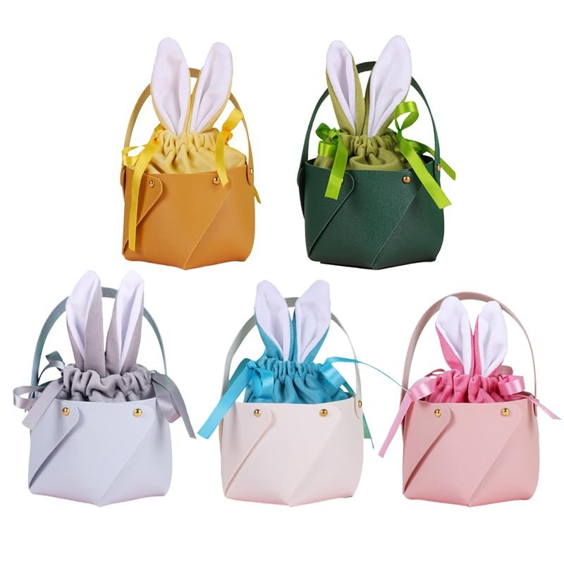 RSGMU 6 Pcs Small Easter Baskets Bulk Buckets Treat Bags Rabbit Drawstring Treat Bag Easter Egg Party Cheap Goodie Baskets (1 Pcs Random colors)
