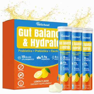 Selicheal Gut Health and Hydration Electrolyte Tablets, Fiber Supplement for Women & Men, with Prebiotics & Probiotics, Lemon Flavor Hydration Drink, Keto Friendly, Sugar Free, 60 Tablets