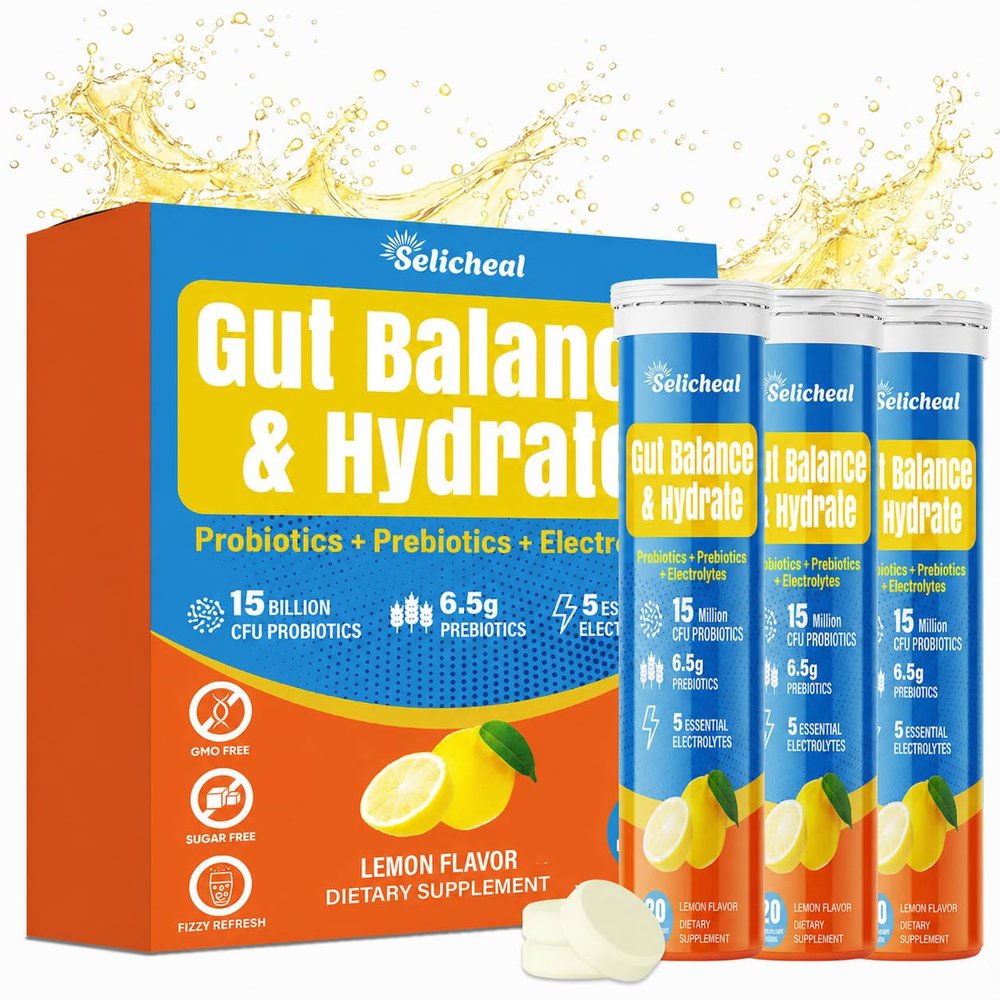 Selicheal Gut Health and Hydration Electrolyte Tablets, Fiber Supplement for Women & Men, with Prebiotics & Probiotics, Lemon Flavor Hydration Drink, Keto Friendly, Sugar Free, 60 Tablets