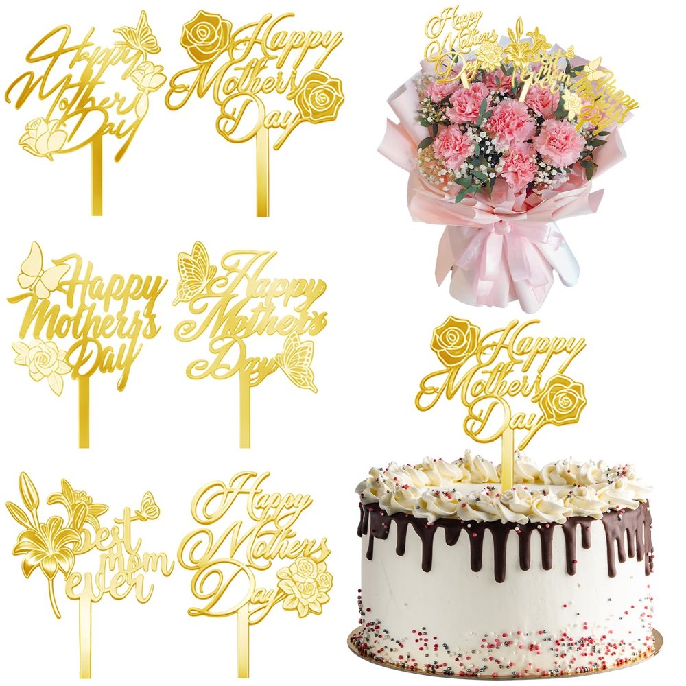 12 PCS Happy Mother's Day Cake Toppers, Mirror Acrylic Design Cupcake Picks With Butterfly Rose Lily for Birthday Party Supplies Cupcake Bouquet & Cake Decorations (Gold)