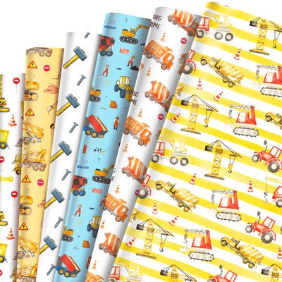 SunPhoenix Construction Wrapping Papers - 6 Sheets 27 x 20 Yellow Digger Tractor Truck Gift Wrap Paper for Kids Boys Construction Birthday Baby Shower Party Favors