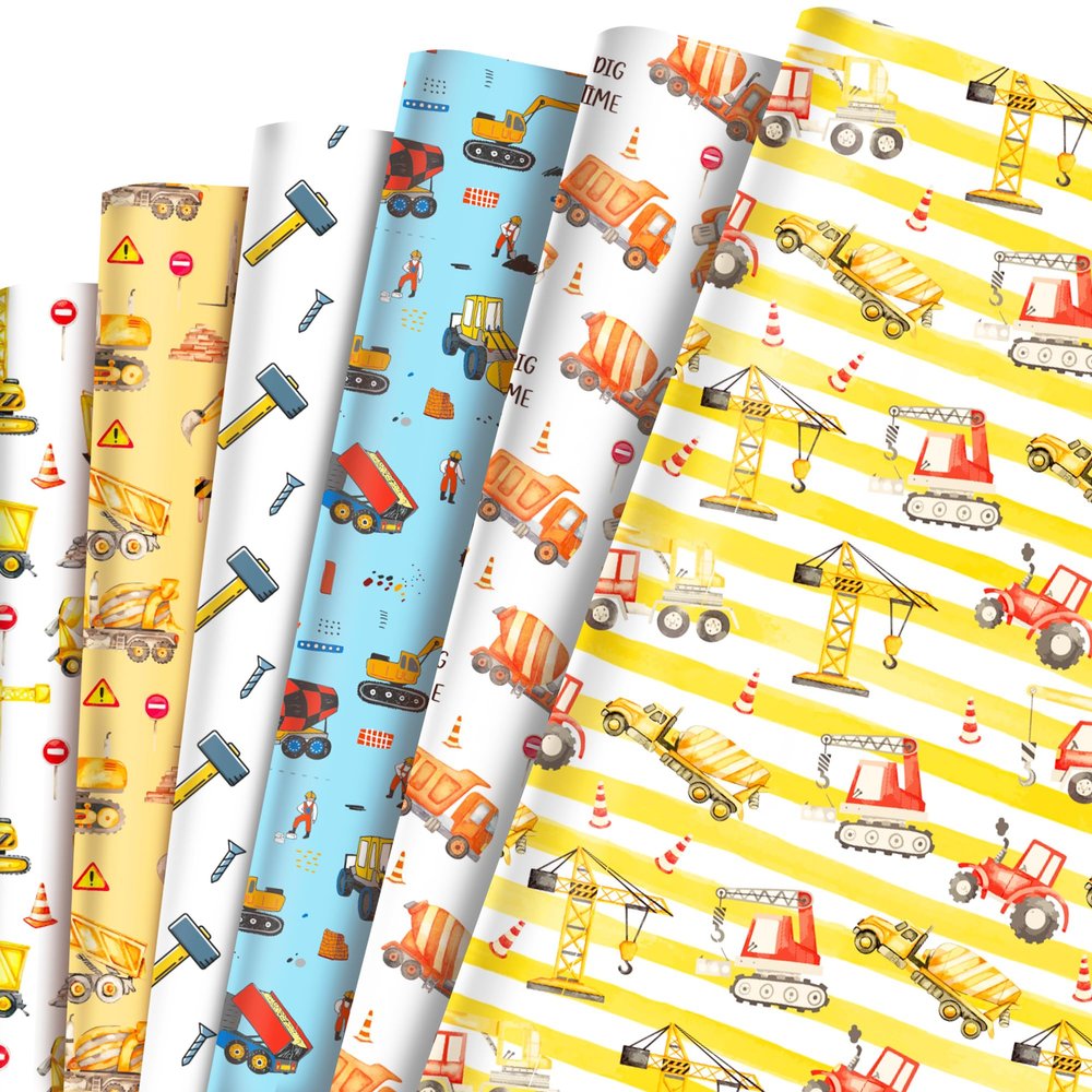 SunPhoenix Construction Wrapping Papers - 6 Sheets 27 x 20 Yellow Digger Tractor Truck Gift Wrap Paper for Kids Boys Construction Birthday Baby Shower Party Favors