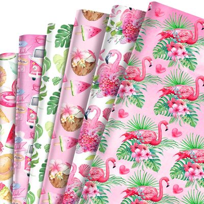 SunPhoenix Flamingo Wrapping Papers - 6 Sheets 27 x 20 Pink Summer Ahola Flamingo Gift Wrap Paper for Kids Girls Birthday Baby Shower Summer Hawaii Party Favors
