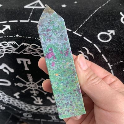 180g Ruby in Fuchsite Obelisk Tower Glowing UV-Reactive Tower for Energy Amplification, Spiritual Healing & Elegant Home Decor