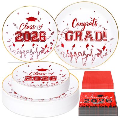 120 Pcs Graduation Plastic Plates,2026 White and Red Graduation Disposable Plates with Gold Rim for 30 Guests,30 Dinner Plates 10 inch & 30 Dessert Plates 7 inch Cocktail Napkins for Party,Holiday