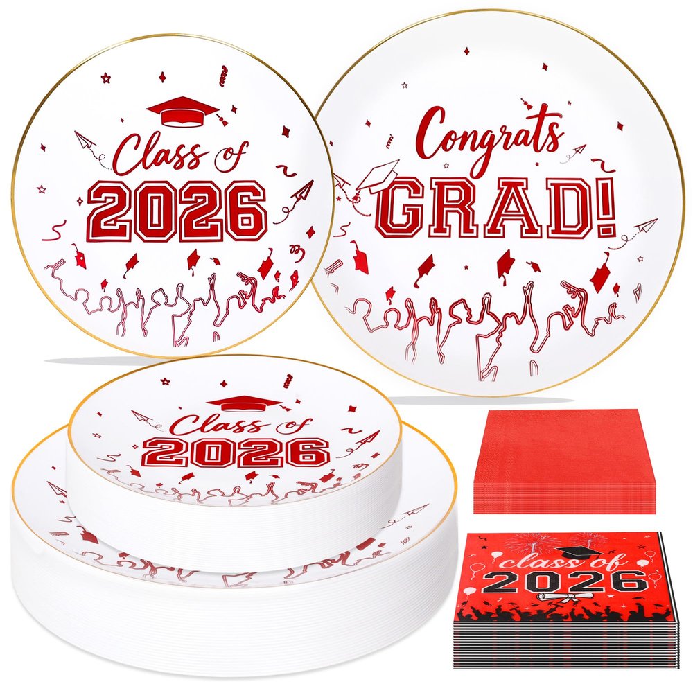 120 Pcs Graduation Plastic Plates,2026 White and Red Graduation Disposable Plates with Gold Rim for 30 Guests,30 Dinner Plates 10 inch & 30 Dessert Plates 7 inch Cocktail Napkins for Party,Holiday