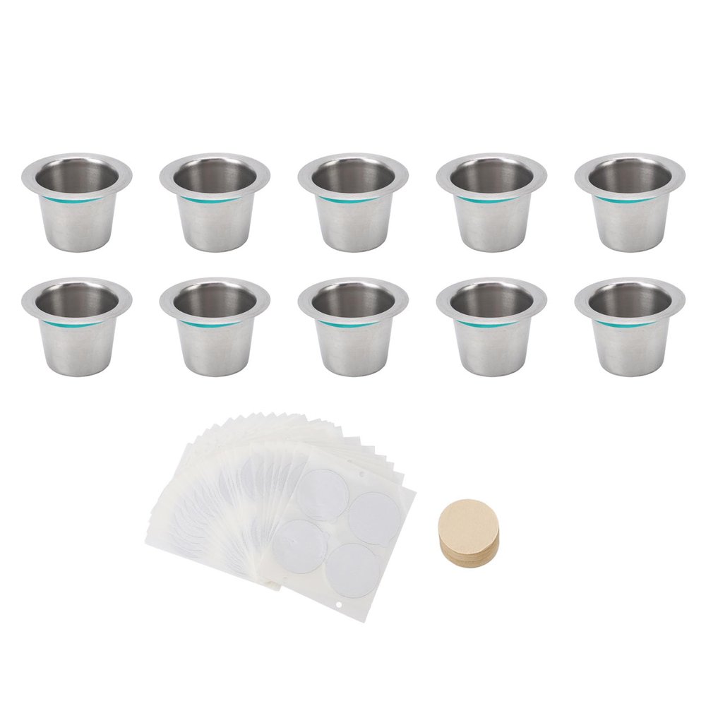 10PCS Refillable Coffee Capsules Cup, Stainless Steel Reusable Coffee Pods with Aluminum Foil Lids and Filter Paper for Nespresso OriginalLine Machines