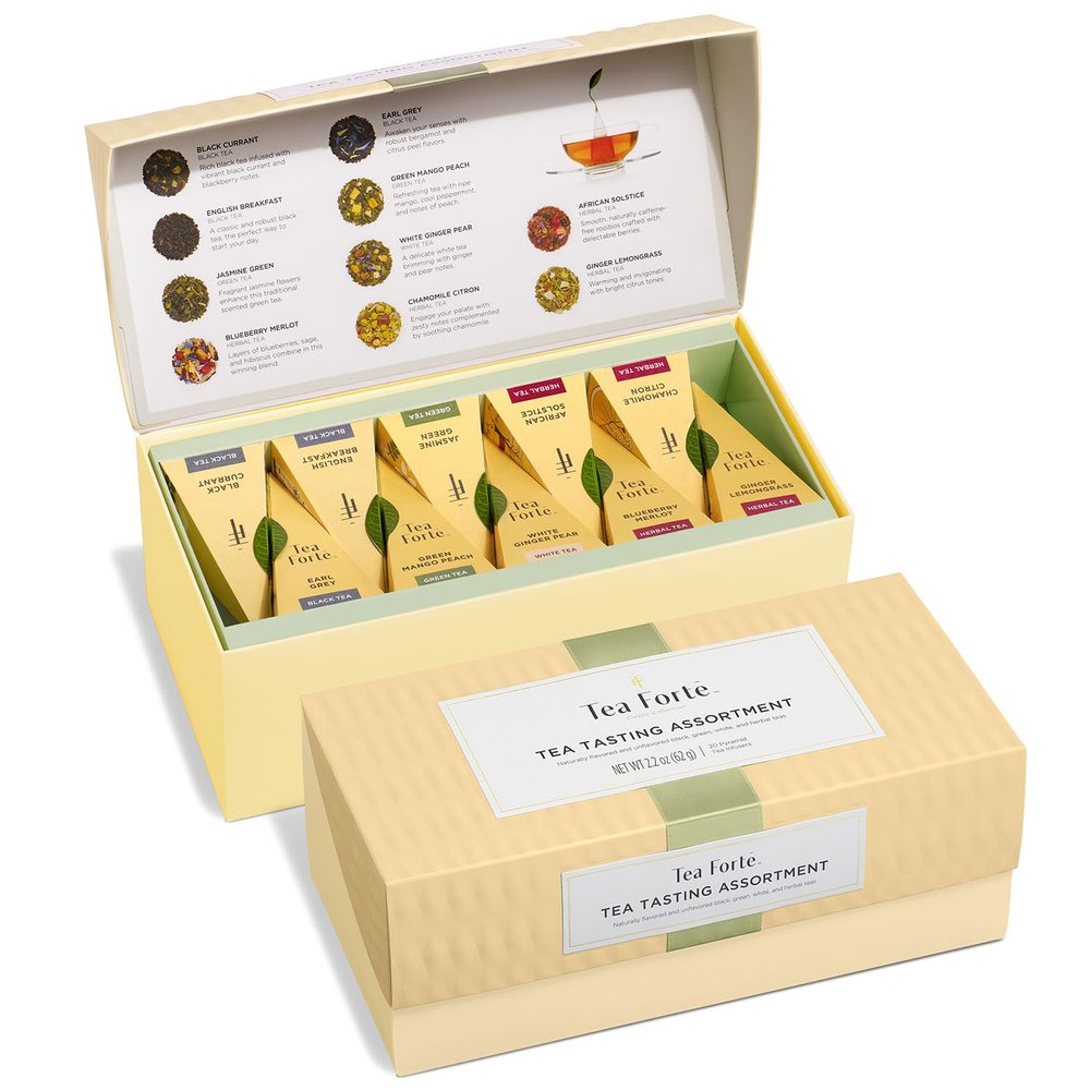 Tea Forte Premium Presentation Box Gift Set Sampler, 20 Count, Assorted Blends Individually Wrapped Handcrafted Pyramid Infuser Bags, Herbal Retreat