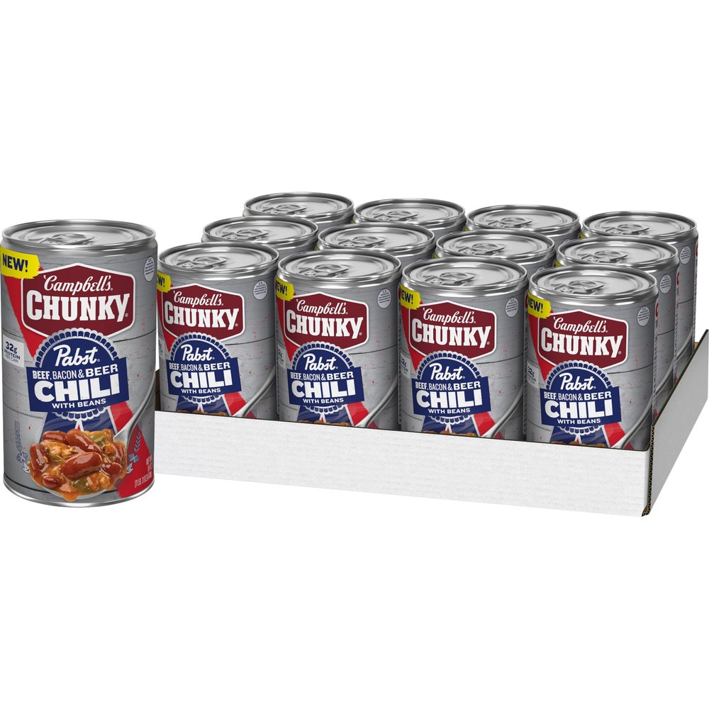 Campbells Chunky x Pabst Blue Ribbon Beef, Bacon & Beer Chili with Beans, 19 oz Can (12 Pack)