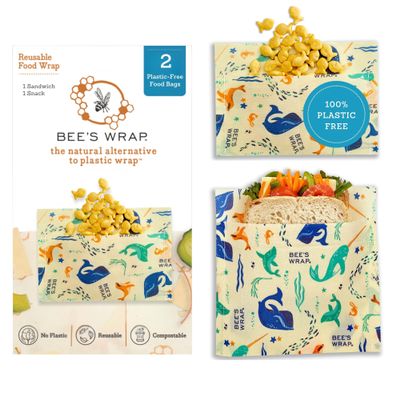 Bee's Wrap Beeswax Wraps for Food - 2 Pack of Assorted Beeswax Wraps - Snack Bag & Sandwich Wrap - Plastic Free Made in USA Reusable Natural Food Wrap - Under The Sea