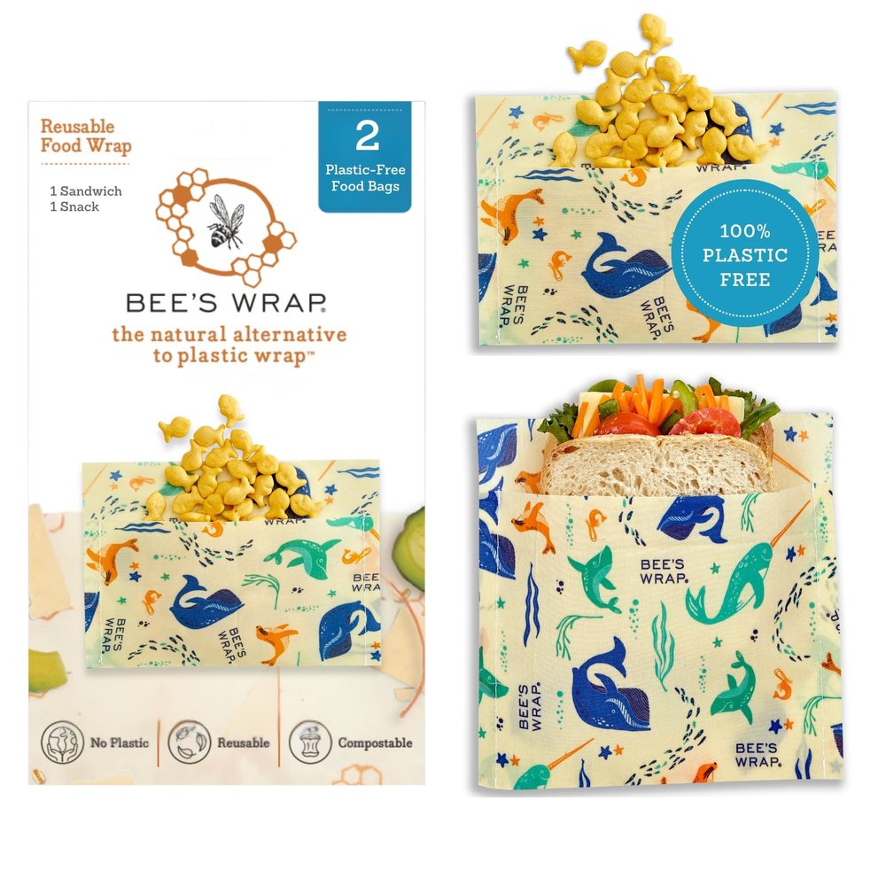 Bee's Wrap Beeswax Wraps for Food - 2 Pack of Assorted Beeswax Wraps - Snack Bag & Sandwich Wrap - Plastic Free Made in USA Reusable Natural Food Wrap - Under The Sea