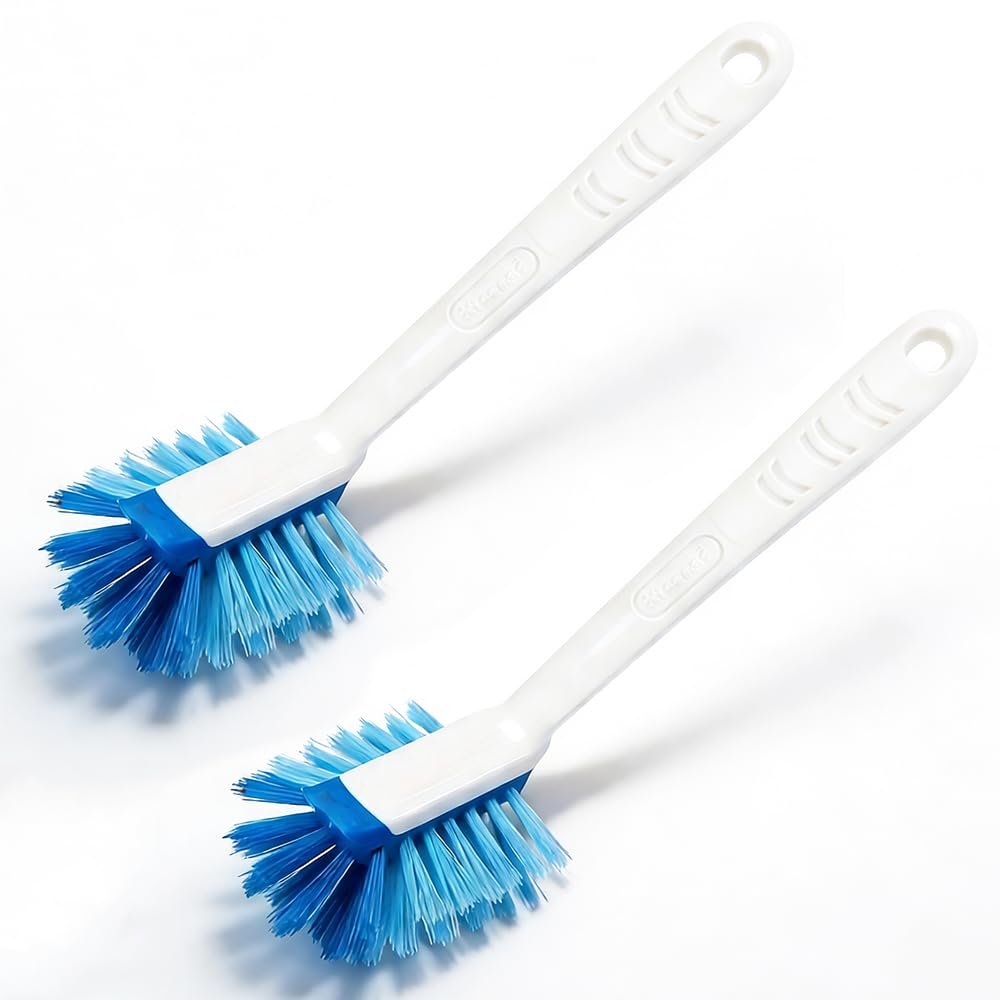 2 Pack Long Handle Kitchen Cleaning Brush with Built-in Scraper, Hard Bristle Dish Scrubber for Pots, Pans, Non-Stick Cookware, Sinks, Countertops & Stove Tops