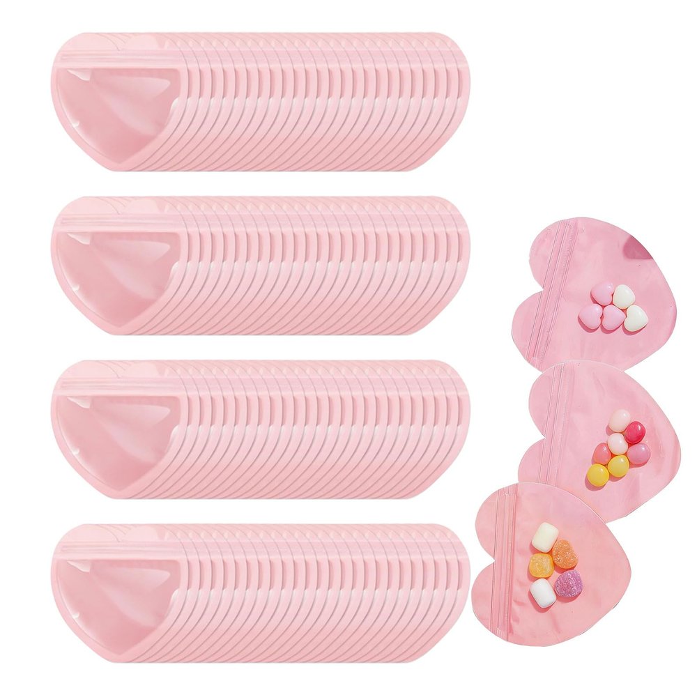 100 Pack 3.94 x 3.94 inch Small Packets Pink Heart Shaped Transparent Reusable Resealable Bags Cute Jewelry Packaging for Homemade Earring Bracelets Candy Snack Party,Pink,100 PCS
