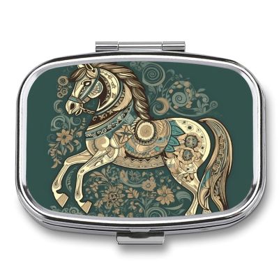 Round Pill Box Hand Drawn Horse Pill Case for Purse & Pocket 2 Compartment Medicine Pill Organizer Portable Travel Pillbox Medicine Vitamin Cod Liver Oil Storage Box