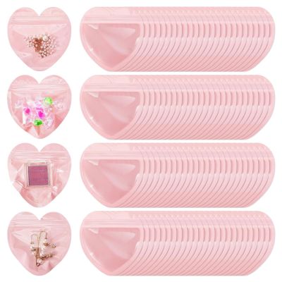 100 Pcs Medium Heart Shaped Jewelry Bag, 3.94x3.94 Inch Pink Clear Resealable Bag, Cute Packaging Bags for Jewelry Bracelet Trinket Valentine's Day Supplies,Pink,100 PCS
