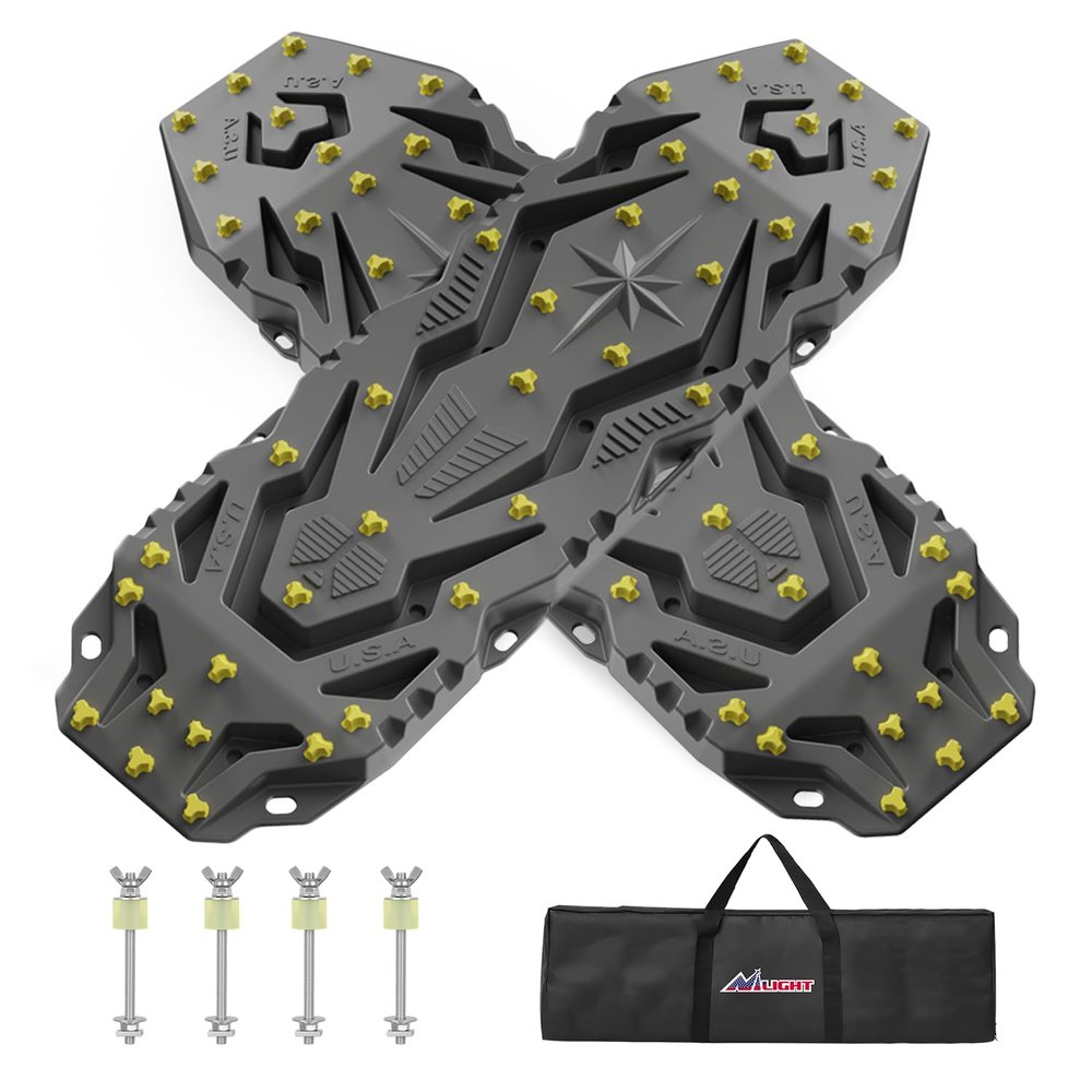 Nilight Recovery Off-Road Traction Boards 2Pcs 43"L x 13.3"W with Yellow Teeth for 4WD 4X4 Mud Sand Snow Includes 2PCS Mounting Kit & Carry Bag (Grey)