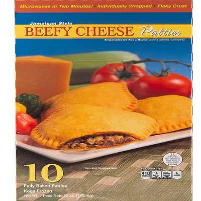 Jamaican Style Beefy Cheese Patties are made with ground beef and real cheddar cheese. Each patty is wrapped with a flaky crust for easy hand-held snacking. [ 50 oz, 3 lb ]