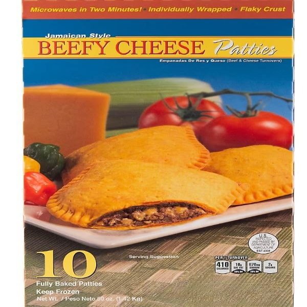 Jamaican Style Beefy Cheese Patties are made with ground beef and real cheddar cheese. Each patty is wrapped with a flaky crust for easy hand-held snacking. [ 50 oz, 3 lb ]