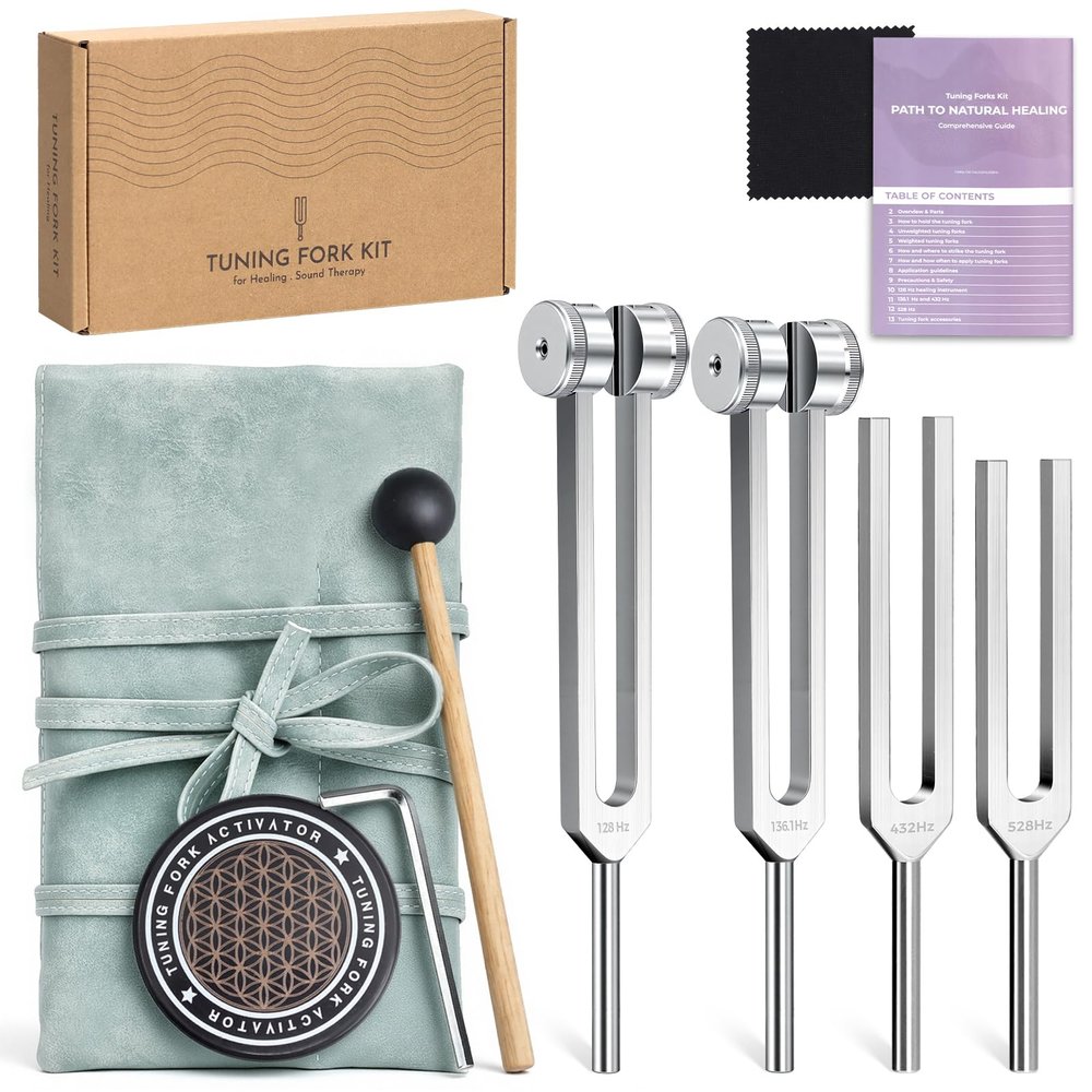 Tuning Forks for Healing Set(128Hz, 136.1Hz, 432Hz, 528Hz),Weighted & Unweighted Sound Therapy Tuning Fork Tools with Activator & Storage Pouch for Meditation, Yoga,Chakra Balance & Relaxation