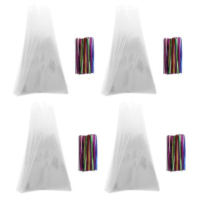 Ciieeo Cone Shaped Opp Candy Packaging Bags 800pcs (100pcs 13x25cm X4 Sets + 400pcs Twist Ties) Xmas Party Favor Storage Treat Bags for Holiday Wrapping Random Color