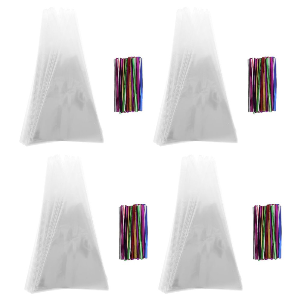 Ciieeo Cone Shaped Opp Candy Packaging Bags 800pcs (100pcs 13x25cm X4 Sets + 400pcs Twist Ties) Xmas Party Favor Storage Treat Bags for Holiday Wrapping Random Color