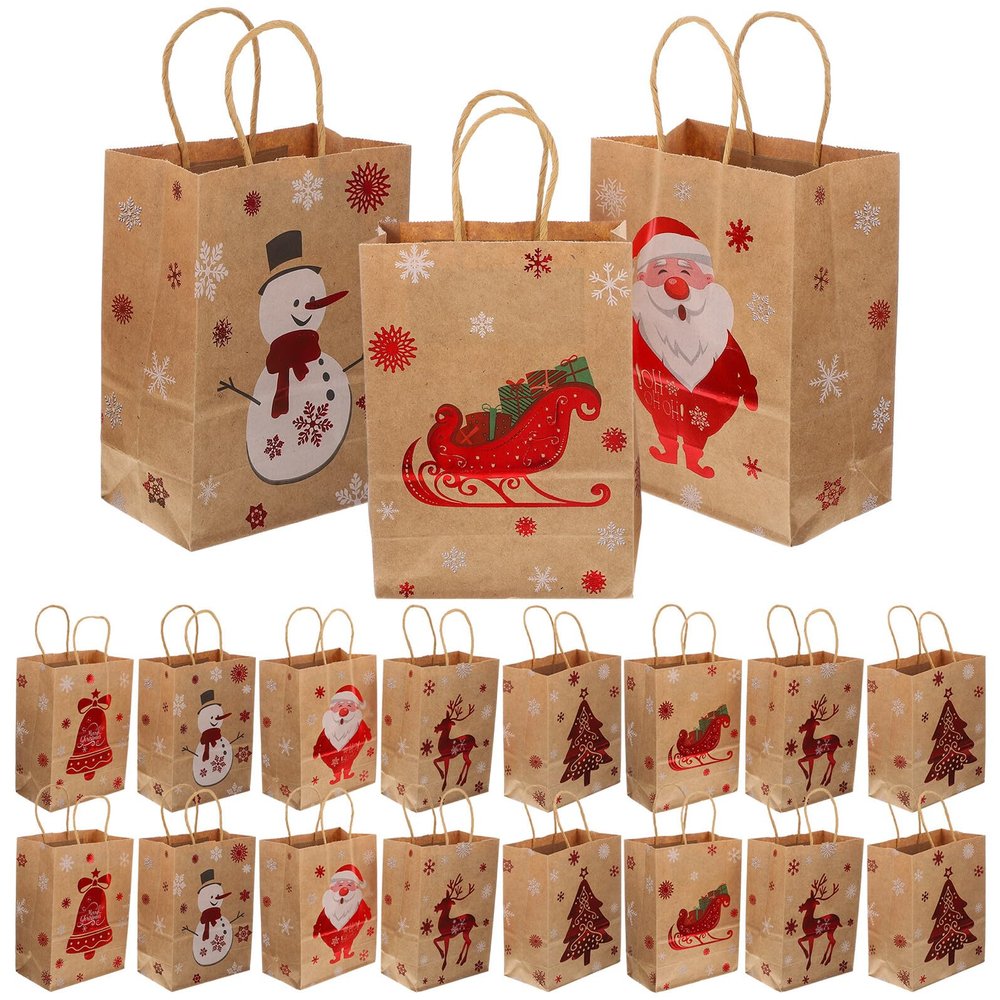 Parliky Christmas Kraft Paper Bags with Handles 24pcs, 21cm X 15cm X 8cm Tote Bags for Party Candy, Florist Packing, and Holiday Present Wrapping
