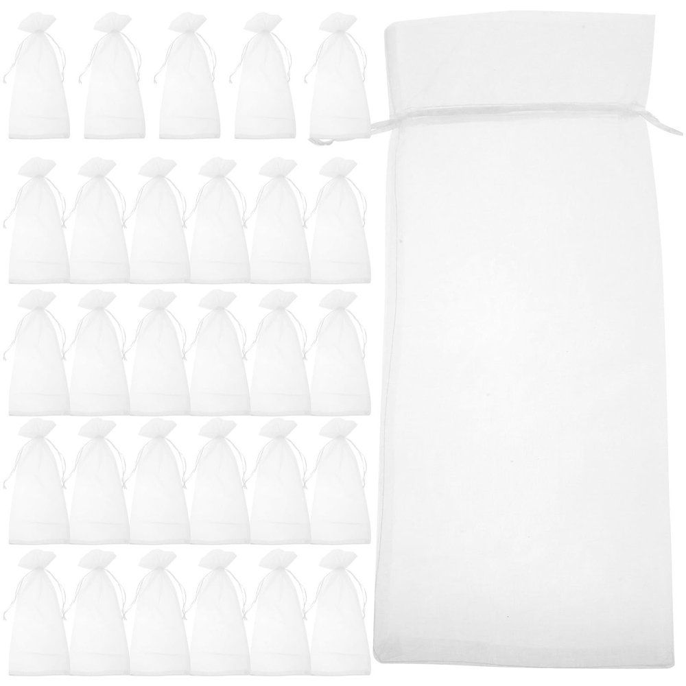 FRCOLOR 30pcs White Sheer Mesh Wine Drawstring Bags 14x37cm Wrapping Supplies for Bottles Party Favor Packaging