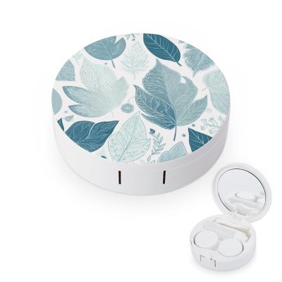 Blue Leaves Pattern Round Contact Lens Case Portable Contact Lens Kit With Mirror Travel Lens Case With Applicator Diy Custom Lens Case Small Lens Storage Box Cute Contact Lens Accessory Gift For Cont