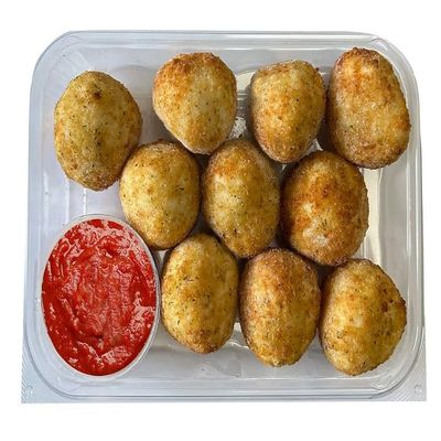 Taste of Italy Cheese Pizza Arancini with Marinara Sauce , also called Italian rice balls, are made with Arborio rice and stuffed with marinara sauce, and a blend of mozzarella and provolone cheese for a pull of melted cheese, coated in Italian bread
