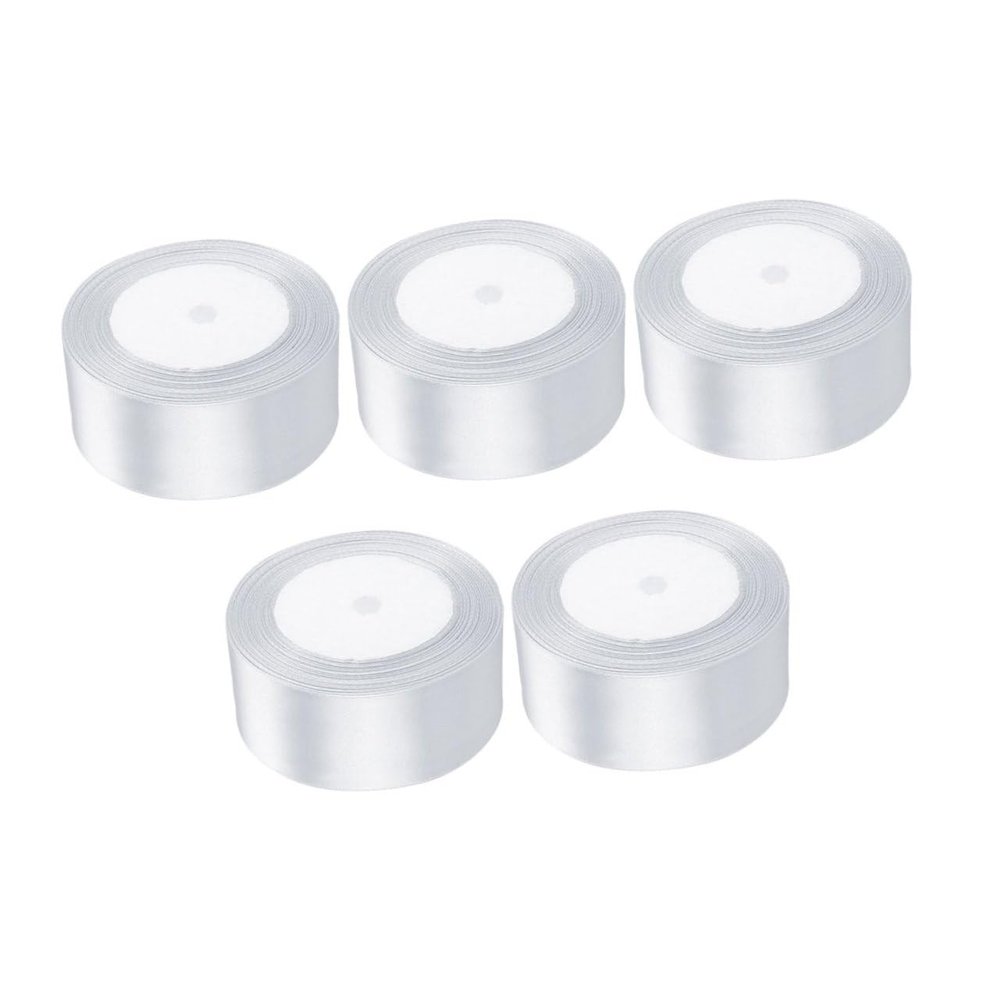 KICHOUSE 5 Rolls White Satin Ribbon for Wrapping, Bouquet and Flower Decoration, Polyester DIY Present Packaging Supplies for Wedding, Birthday, Shower, and Craft Use