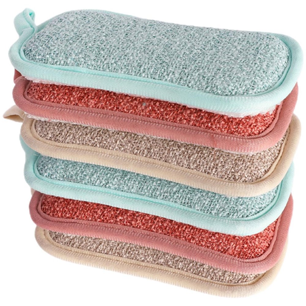 ibasenice 6pcs Thickened Linen Dish Cleaning Sponges Set Small Kitchen Scrub Sponges for Daily Use Reusable Cotton-Linen Blend Wok Blocks for Household Dishwashing Random Color
