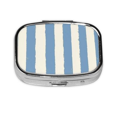 Light Blue and White Stripes Nautical Cottagecore Pill Box Square Metal Pill Case with 2 Compartment Travel Pill Organizer for Vitamins Medication