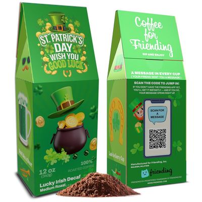Send a Gift Message with Lucky Irish Decaf Friending 12 oz Ground Decaf Coffee, Medium Roast Freshly Roasted to Order, Made in USA St. Patricks Day Gift