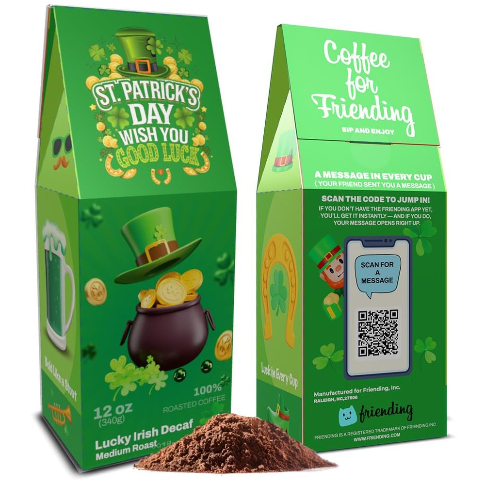 Send a Gift Message with Lucky Irish Decaf Friending 12 oz Ground Decaf Coffee, Medium Roast Freshly Roasted to Order, Made in USA St. Patricks Day Gift