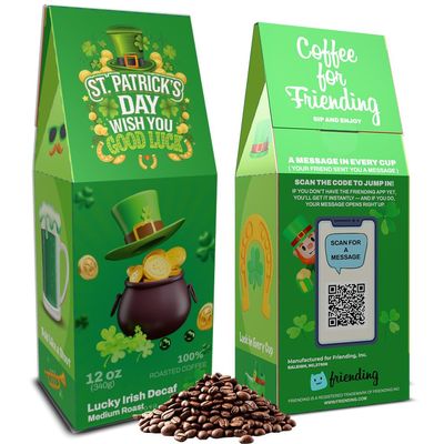 Send a Gift Message with Lucky Irish Decaf Friending 12 oz Whole Bean Decaf Coffee, Medium Roast Freshly Roasted to Order, Made in USA St. Patricks Day Gift