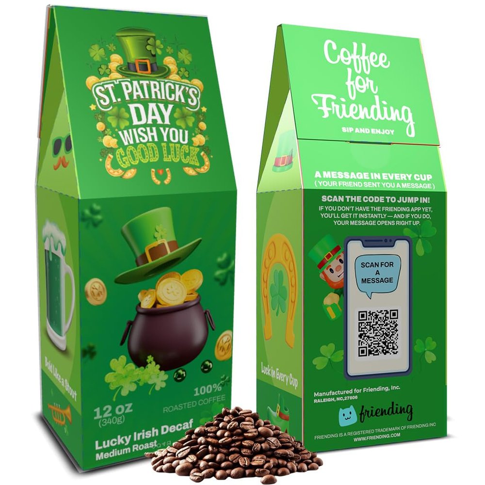 Send a Gift Message with Lucky Irish Decaf Friending 12 oz Whole Bean Decaf Coffee, Medium Roast Freshly Roasted to Order, Made in USA St. Patricks Day Gift
