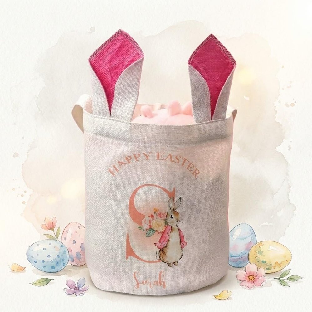 Personalized Easter Basket with Name, Custom Embroidered Initial Storage Bucket, Large Floral Bunny Egg Hunt Tote Reusable Bag, Easter Decor for Home, Spring Gift, Easter Party Gift for Boys & Girls