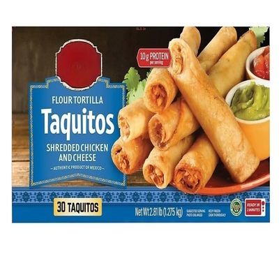 Mexican taquitos are made with real shredded seasoned white meat chicken, with natural cheddar and Monterey Jack cheeses, and vegetables. The filling is hand rolled in a flour tortilla then lightly fried to perfection in canola oil for just the right