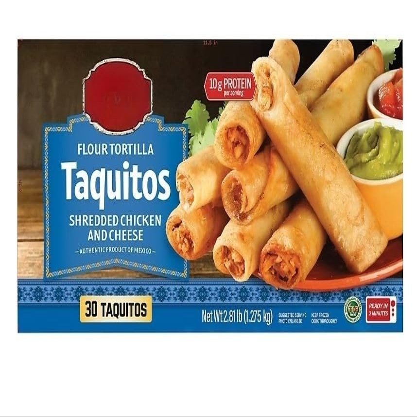 Mexican taquitos are made with real shredded seasoned white meat chicken, with natural cheddar and Monterey Jack cheeses, and vegetables. The filling is hand rolled in a flour tortilla then lightly fried to perfection in canola oil for just the right