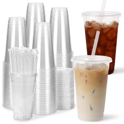 WANNADAY 100 Pack 24 oz Clear Plastic Cups with Lids and Straws, Disposable Iced Coffee Cups To Go Sturdy Smoothie Cups for Cold Drinks