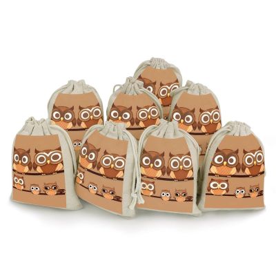 ERSTSNCK 8Pcs Cute Big Brown Cartoon Owls Drawstring Bags Small Burlap Gift Bags Jewelry Pouches for Storage Wedding Party Favor
