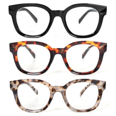 REAVEE 3 Pack Fashion Oversized Reading Glasses for Women, Blue Light Blocking Computer Readers with Spring Hinge (Black/Leopard/Grey Leopard 1.5)