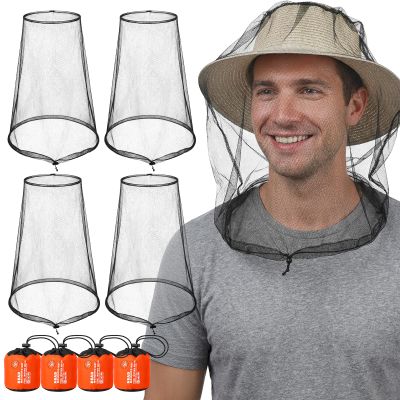 4 Pcs Mosquito Head Net, Breathable Bug Net, Ultra Large & Long Mosquito Hat with Drawcord, Fly and Insect Proof Equipment for Camping, Hiking, Fishing, Gardening and Wildlife Park (Black)
