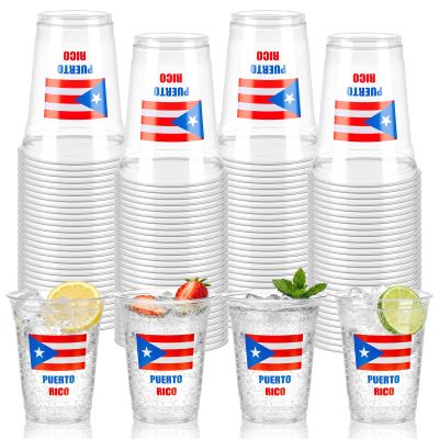 ARQRHTLY 50 Pack Puerto Rico Cups Bulk, 12oz Clear Plastic Disposable Cups with Puerto Rican Flag Design, Reusable Drink Cups for Puerto Rico Party, Family Gatherings, Graduation and Summer Events