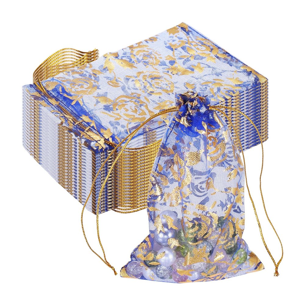 PATIKIL Organza Jewelry Gift Pouch, (4.7 x 3.5 Inch, Bright Blue) (100 Pcs) Gold Rose Drawstring Mesh Candy Pouch Mini Wedding Favor Bags for Christmas Party Wedding Festival