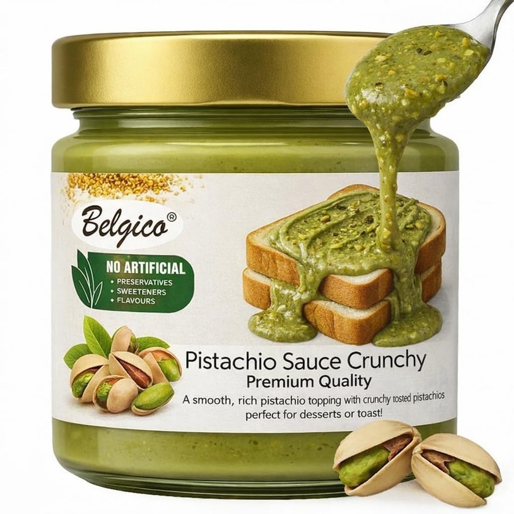 Belgico Crunchy Pistachio Sauce, 30% Pistachio, Gourmet Nut Butter with Toasted Pistachio Pieces Ideal for Dubai Chocolate Bar Filling, Kataifi, & Pastry Toppings 7oz (200g)
