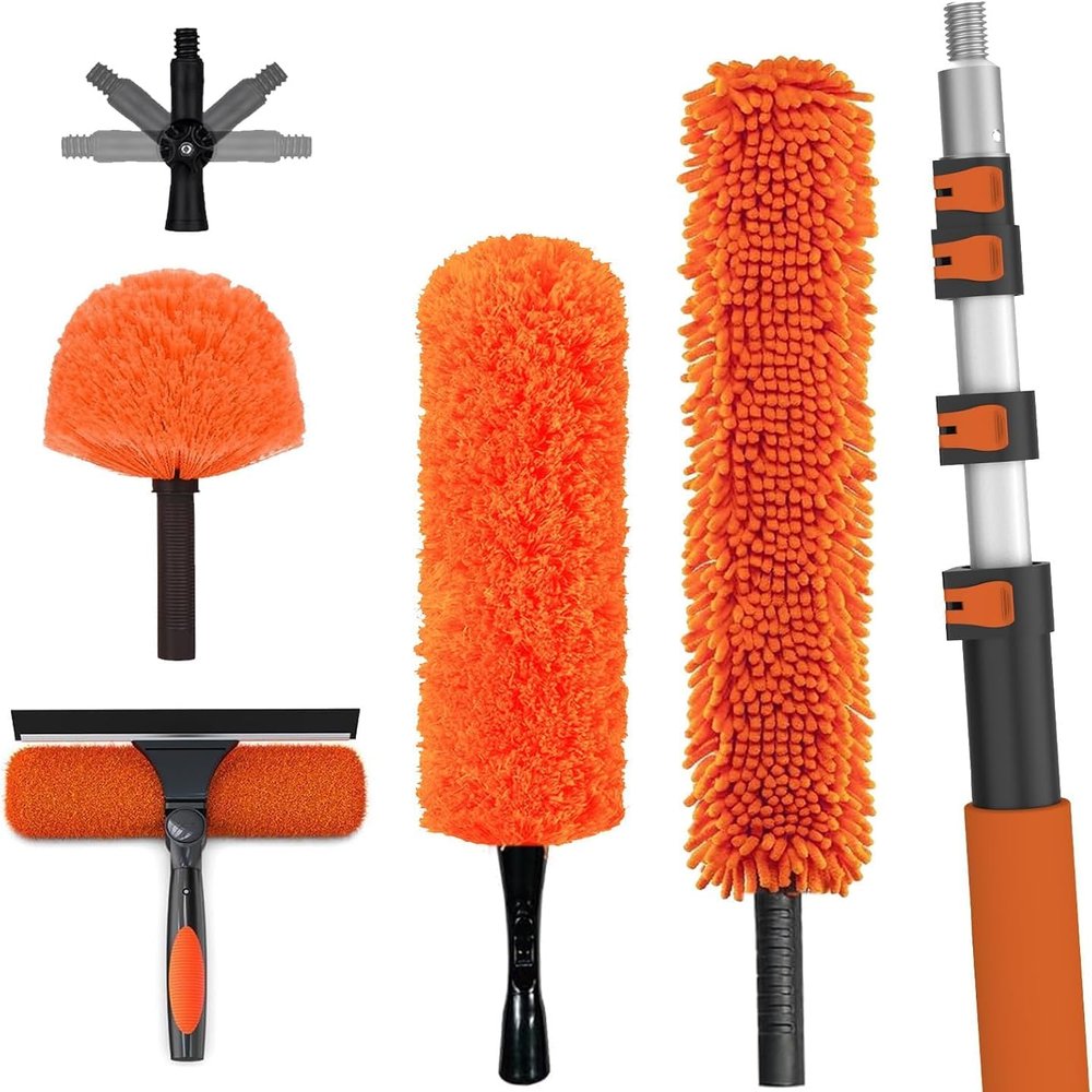 26FT High Reach Cleaning Kit with Extension Pole, Microfiber Duster & Squeegee for Ceiling Fans, Windows, Walls & Tall Surfaces, Adjustable Ceiling Fan Cleaner Duster Tool Set