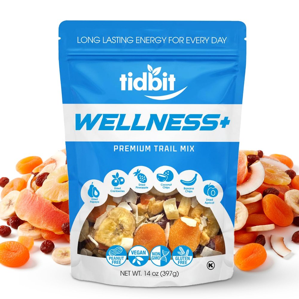 Tidbit Premium Trail Mix with Tropical Dried Papaya, Pineapple, Cranberries, Banana & Coconut Chips Healthy Trail Mix Fruit Snack Mix for Natural Energy, Vegan Gluten Free, 14 oz Resealable Bag